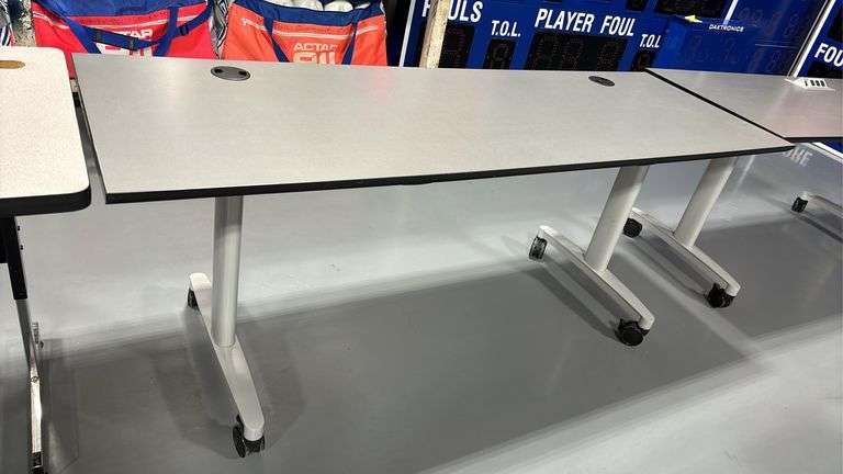 24” X 72” X 30”T OFFICE TABLE TILT TOP, ROLL AROUND WITH ELECTRICAL OUTLETS