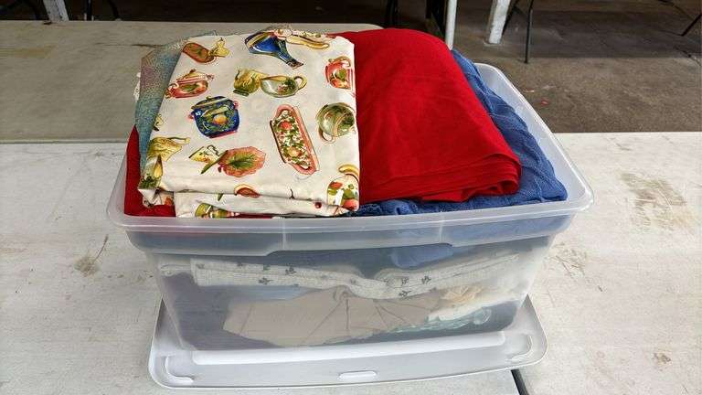 58 QT. STERILITE TOTE WITH LID FULL OF ASSORTED MATERIAL