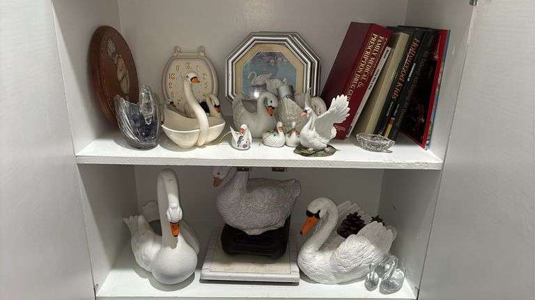 ASSORTED BOOKS, SCALE, SWAN FIGURINE’S, CLOCK, ETC.