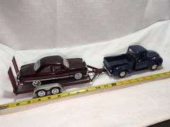 1956 FORD PICKUP, 1949 FORD COUPE CAR, & FLATBED TRAILER DIECAST MODELS