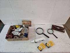 MAGNIFYING GLASSES, WALLET, CHALK, POSTCARDS, WIND CHINE, HANDS, ETC.