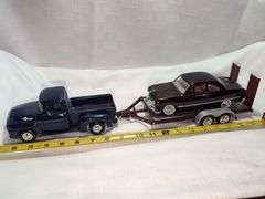 1956 FORD PICKUP, 1949 FORD COUPE CAR, & FLATBED TRAILER DIECAST MODELS