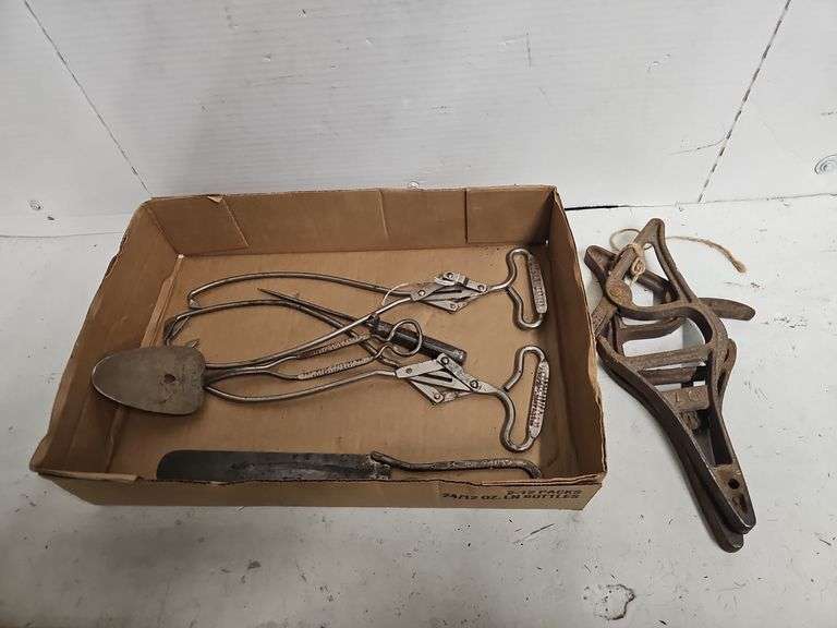 MEAT TONGS, ICE PICK, PAIR OF LADDER LOCKS l, ETC.