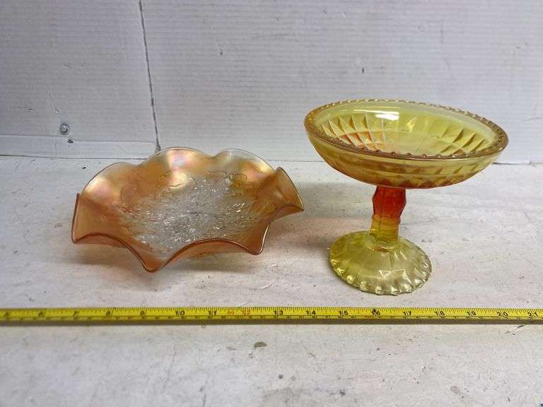 9” VINTAGE CARNIVAL GLASS BOWL AND 5 1/2” PEDESTAL GLASS DISH
