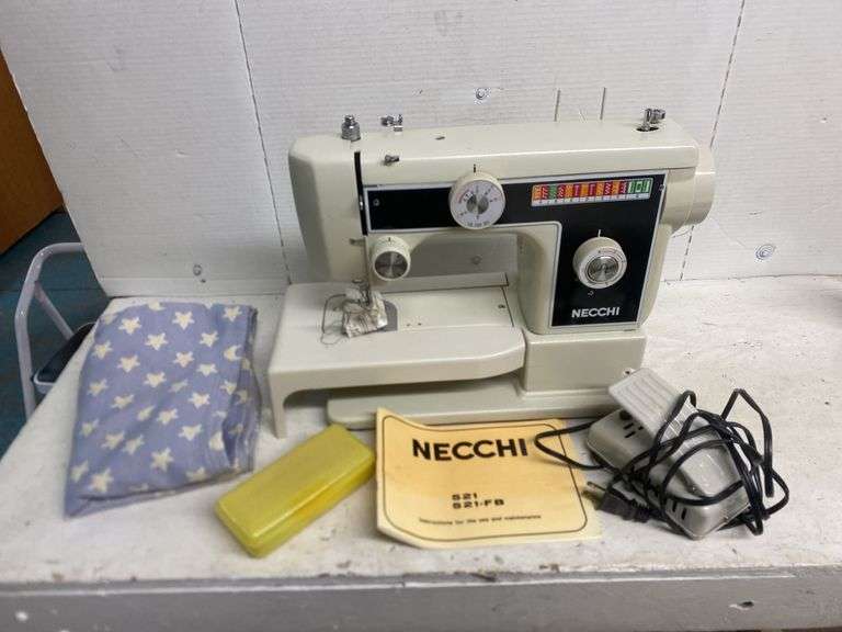 NECCHI SEWING MACHINE WITH COVER, PEDAL, AND ACCESSORIES