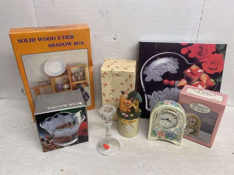 ASSORTED NEW GLASSWARE AND SHADOW BOX