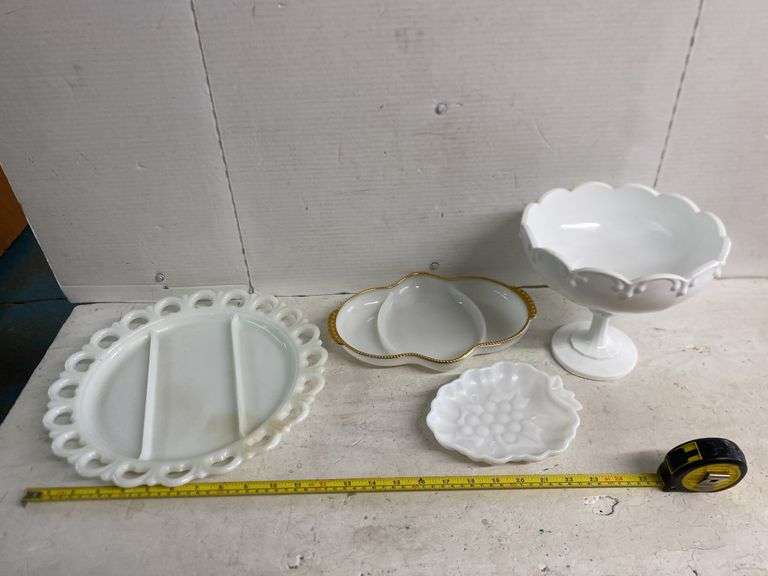 8” MILK GLASS PEDESTAL DISH WITH TRAYS
