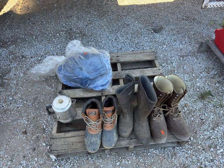 (OUT) ASSORTED BOOTS, ALUMINUM COFFEE POT, AND DENIM