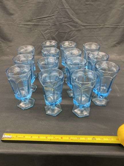 14PC. BLUE DRINKING GLASSES (ONE HAS RIM CHIPPED)