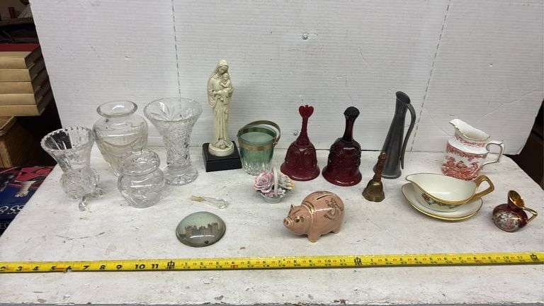 ASSORTED CRYSTAL VASES, BELLS, VINTAGE PIGGY BANK, PITCHERS, PAPER WEIGHT, ETC.