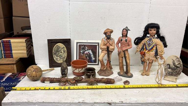 12” T CERAMIC STATUES, PORCELAIN DOLL, WALL HANGINGS, POTTERY, ETC.