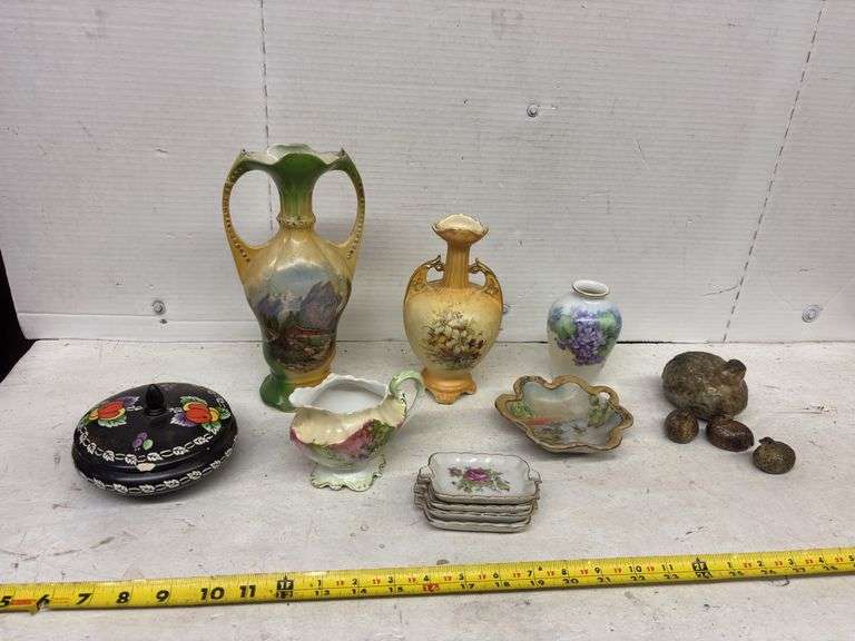 ASSORTED VINTAGE VASES, ASHTRAYS, SMALL PITCHER, DRESSER BOX, HOME DECOR, ECT.