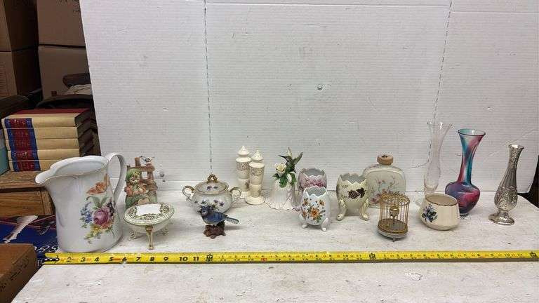 FOOTED EGG VASES, PITCHER, 3-LEGGED NIPPON DRESSER BOX, SALT AND PEPPER SHAKERS, ETC.