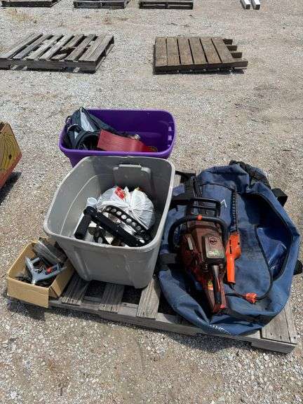 (O) AIR SAND BLASTER, CHAIN SAW, MANTLE CLOCK, PIPE, ETC.