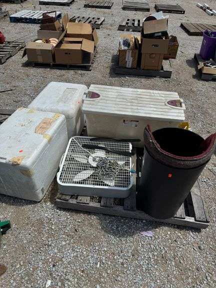 (O) BOX FAN, STYROFOAM COOLERS, TOTE WITH LID, ETC.