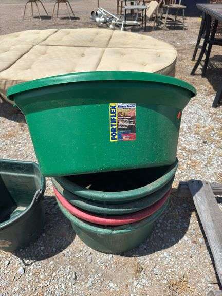 (O) (5) 6GAL CORNER FEED BUCKETS (ONE CRACKED)
