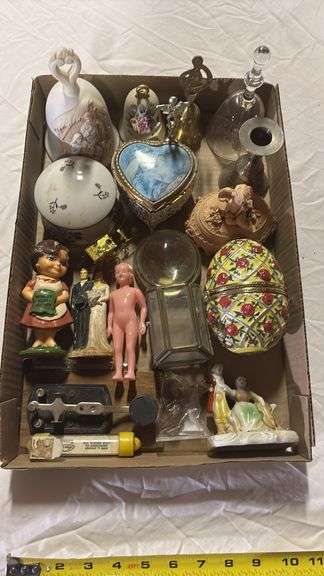 VINTAGE DOLLS, DRESSER BOXES, BELLS, PAPER WEIGHT, ETC.