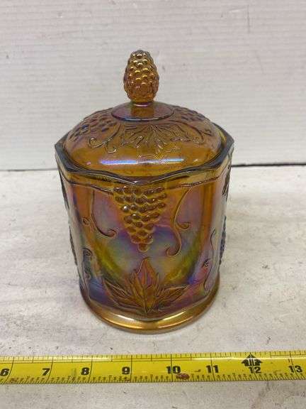 7 1/2” CARNIVAL GLASS CANISTER