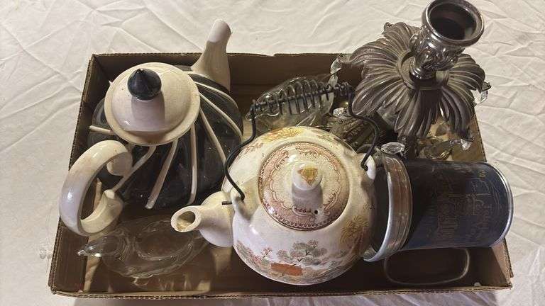 TEA POTS, GLASS DUCK ASHTRAYS, LAMP BASE, CUP