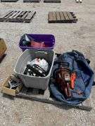 (O) AIR SAND BLASTER, CHAIN SAW, MANTLE CLOCK, PIPE, ETC.