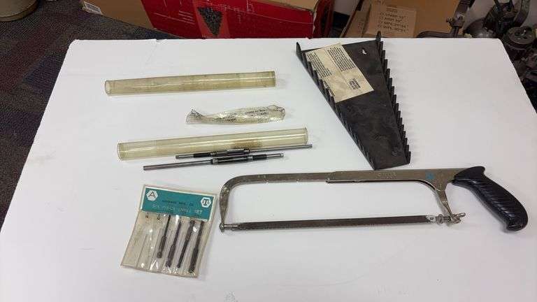 (702A) HACKSAW, DRILL BITS, REAMERS, WRENCH HOLDER,