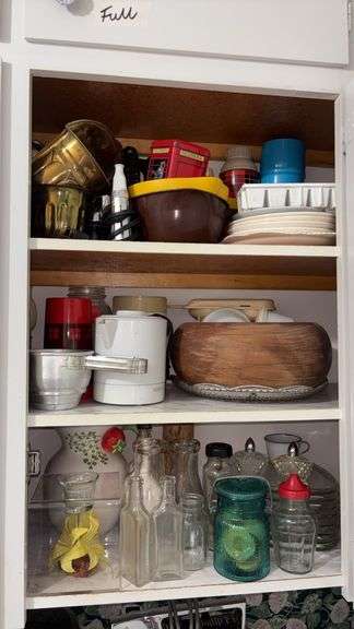 (K) LOT OF ASSORTED JARS, BOTTLES, THERMOSES, WOOD BOWL, SALT AND PEPPER SHAKERS, ETC.