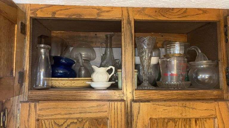 (K) ASSORTED VASES, BOTTLES, MEASURING CUPS, BELLS, PITCHER, ETC