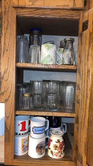 (K) ASSORTED COFFEE CUPS, GLASSES,  BOTTLES, JARS, ETC
