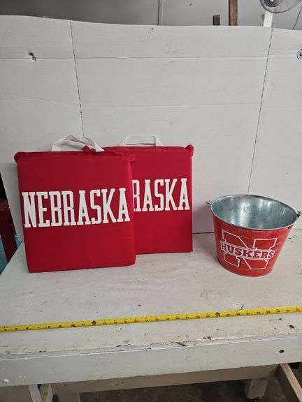 ASSORTED HUSKER SEATS & TIN BUCKET