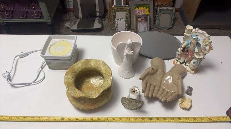 (LR) WAX WARMER, VASES, PLUG-IN, HANGING MIRROR, HANDS FIGURES AND VINTAGE FIGURINE, ETC