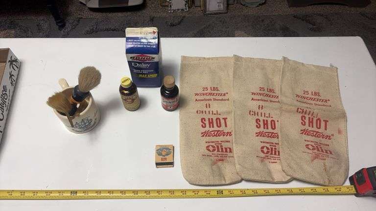 (LR) VINTAGE SHAVING MUG WITH BRUSHES, 1/3 FULL BB’S CARTON, SHOT BAGS, VINTAGE MATCHES, ETC.