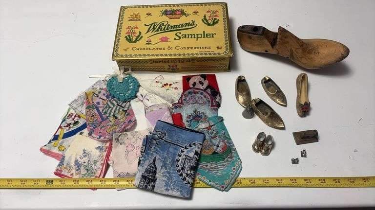 (LR) VINTAGE SHOE FORM, HANDKERCHIEFS, BRASS SHOES, BRASS IRON, PORCELAIN SHOES, ETC