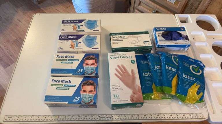 (K) ASSORTED FACE MASKS AND VINYL/LATEX/LATEX FREE GLOVES