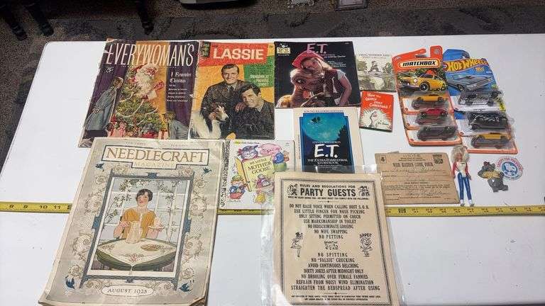 (LR) HOT WHEELS, MATCHBOX CARS, VINTAGE MAGAZINES, PARTY RULES, ETC