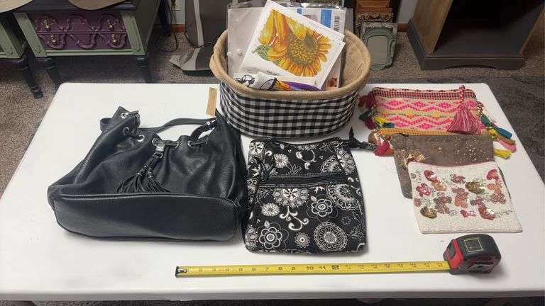 (LR) ASSORTED PURSES AND A BASKET WITH NEEDLEPOINT ITEMS