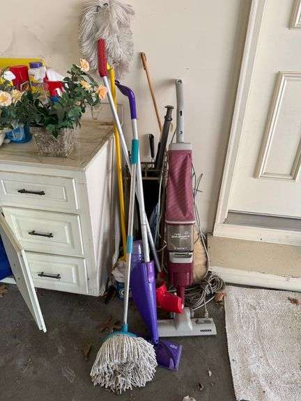 Everything in corner of garage except vanity