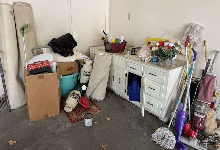 Everything in corner of garage except vanity