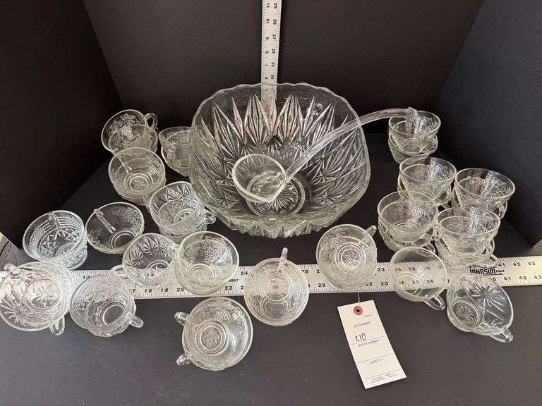 Punch bowl, ladle, cups