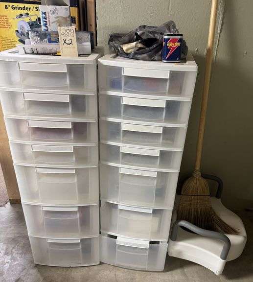 2 storage containers, broom, potty, misc