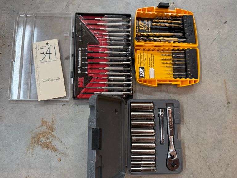 Socket set, drill bits,  screwdriver