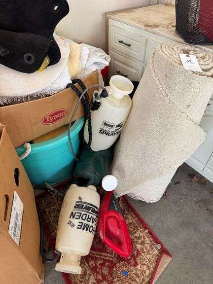 Everything in corner of garage except vanity