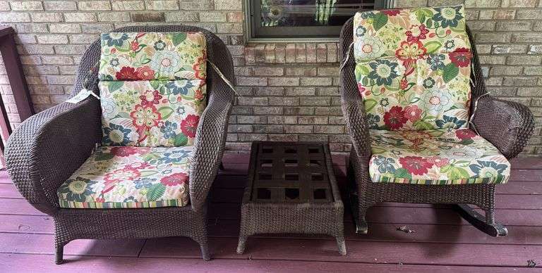 wicker rocker, chair, table