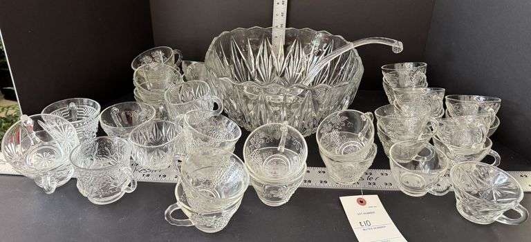 Punch bowl, ladle, cups