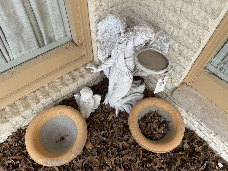 1 Concrete angel figurine, 2 flower pots both out front