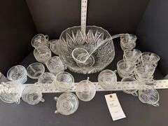 Punch bowl, ladle, cups