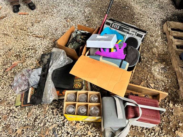 Boom box, bat, coolers, rugs, misc