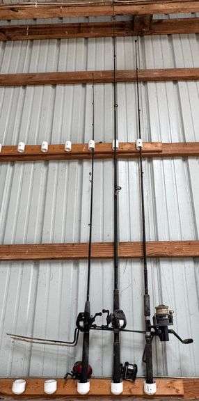 3 fishing poles, 2 reels, 2 stands