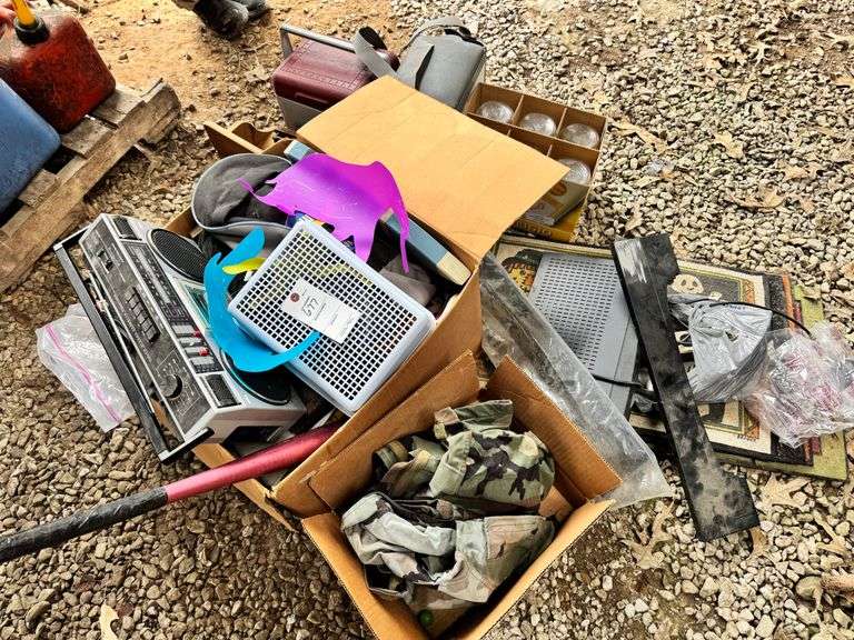 Boom box, bat, coolers, rugs, misc
