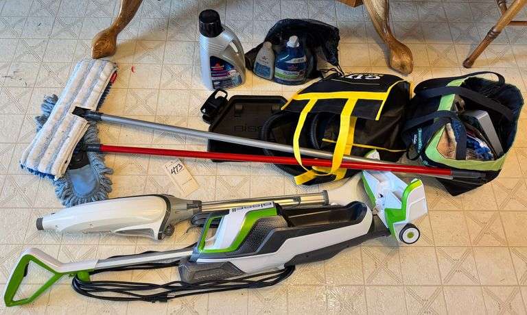 Bissell and shark (missing pcs), mops, misc