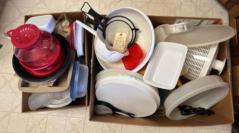 2 boxes of Tupperware and glass containers